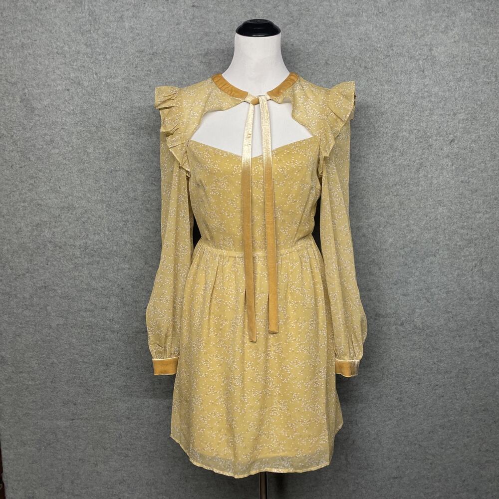 Lulus Yellow Floral Cutout Mini Dress Sz M Velvet Trim Long Slv Whimsy Romantic - Picture 11 of 13